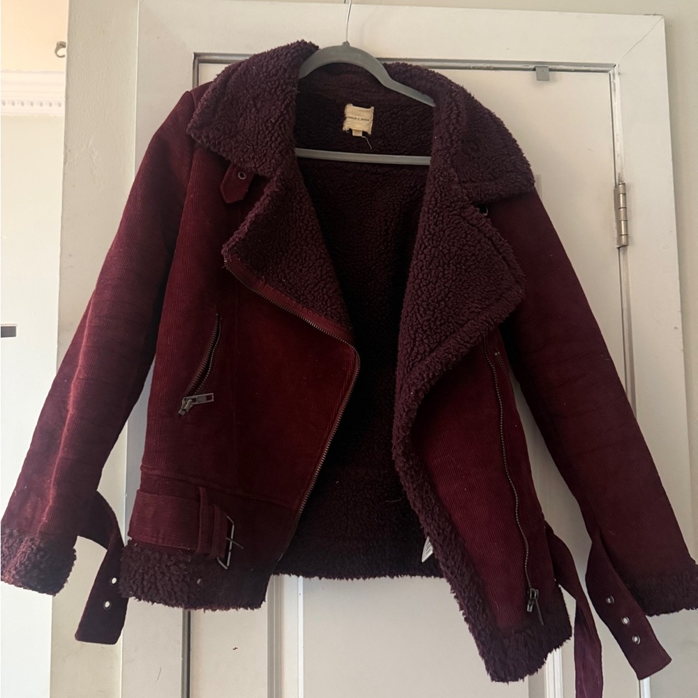 Silence + Noise Burgundy Corduroy Shearling Moto Jacket Size M